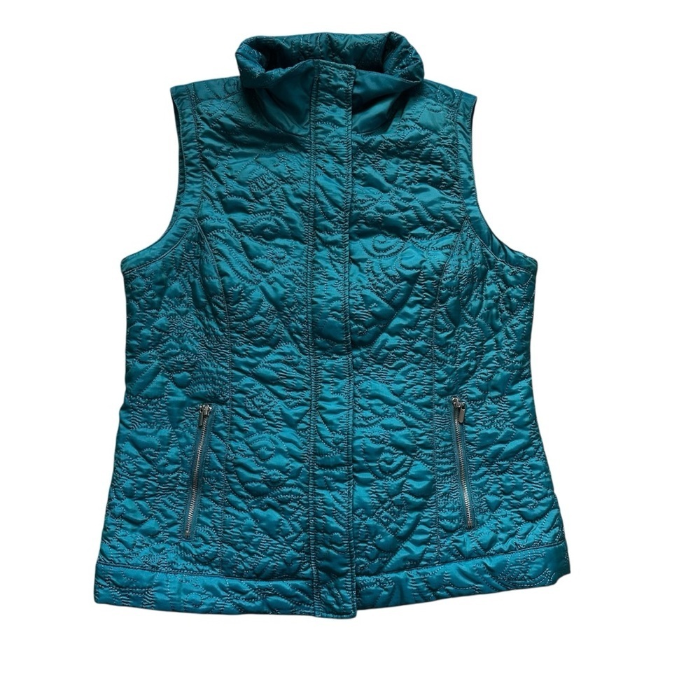 Christopher & Banks Quilted Vest Small Teal Zip Snap Puffer Floral Stitch